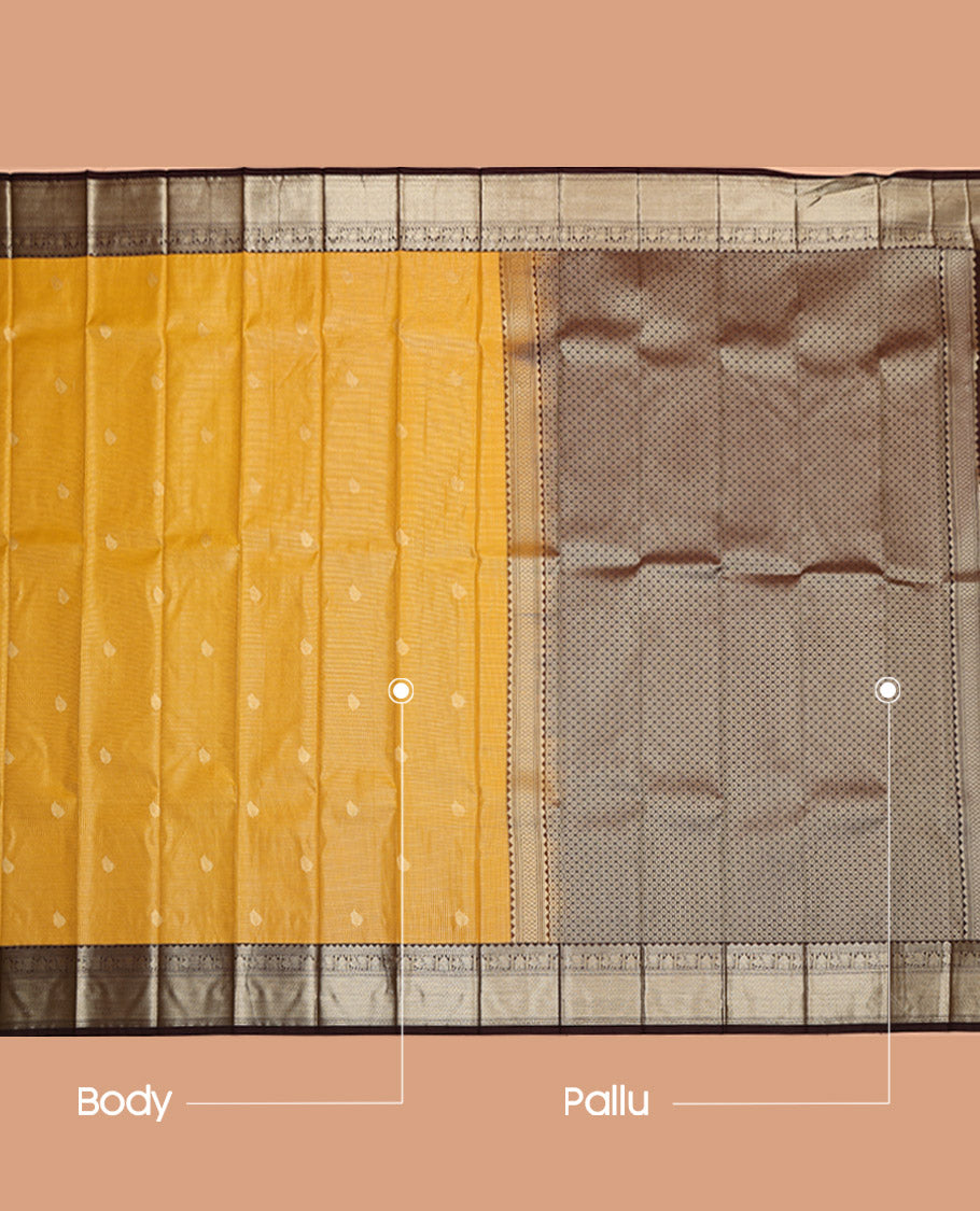 Yellow Budget Silk Saree, Prettified with Zari Buttas and Checks, Captivating Contrast Traditional Zari Design Border, Grand Jaal Pallu, and a Contrast Blouse