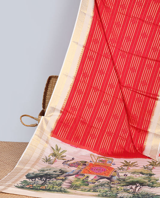 Red striped zari mysore silk saree with contrast zari border & forest theme print pallu