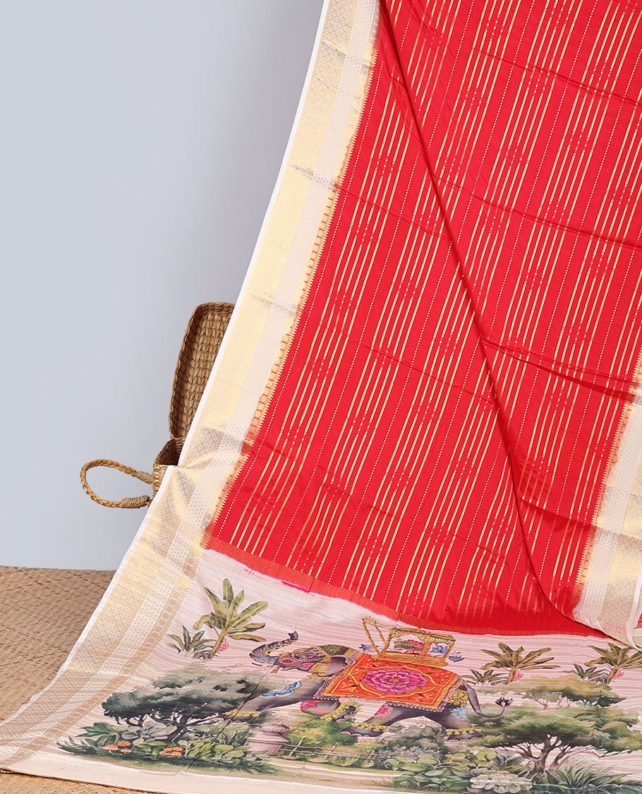 Red striped zari mysore silk saree with contrast zari border & forest theme print pallu