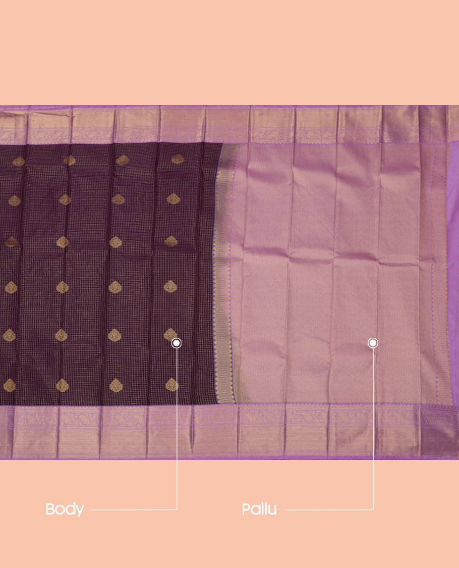 Purple Budget Silk Saree, Embellished with Zari Buttas and Checks, a Contrast Traditional Zari Border, Grand Pallu, and a Contrast Blouse