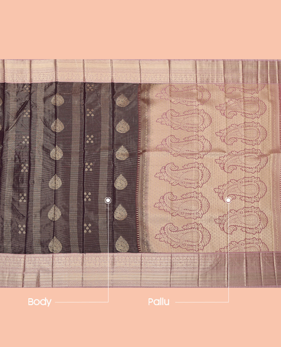 Dark Grey Budget Silk Saree Featuring Zari Buttas, Complemented by Contrast Traditional Design Zari Border, Grand Pallu and a Contrast Blouse