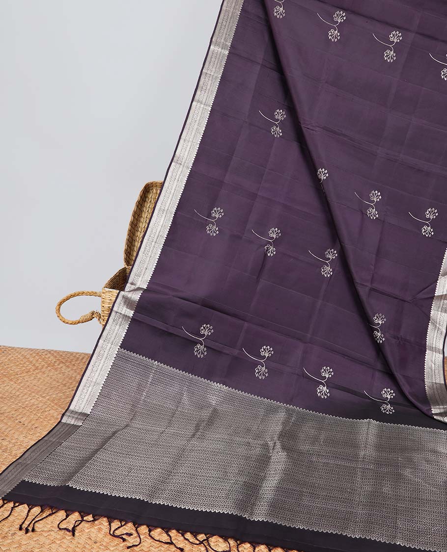 Violet floral buttas soft silk saree with self zari design border & jaal design pallu