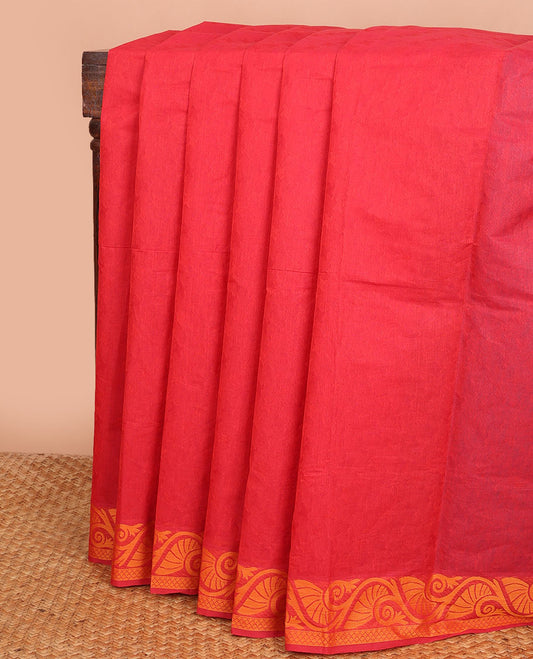 Red Combatiore cotton saree, floral design border & contrast floral design pallu