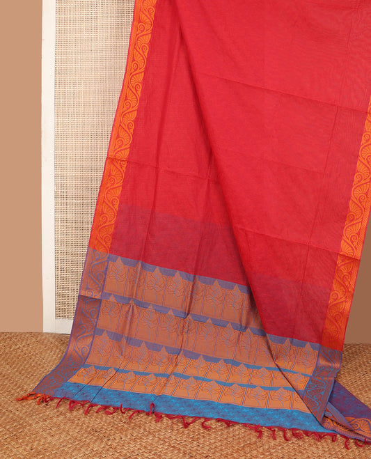 Red Combatiore cotton saree, floral design border & contrast floral design pallu