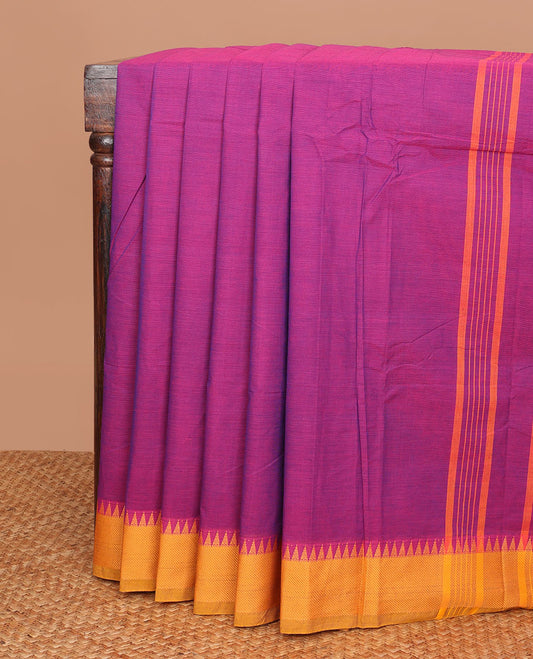 Rani pink plain Chettinad cotton saree, contrast temple thread border & striped pallu