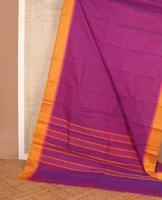 Rani pink plain Chettinad cotton saree, contrast temple thread border & striped pallu