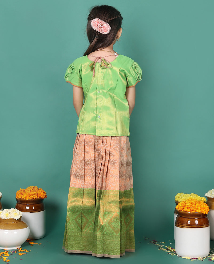 Peach readymade art silk pavadai, jacquard & contrast traditional zari border skirt, & puff-sleeve round-neck blouse