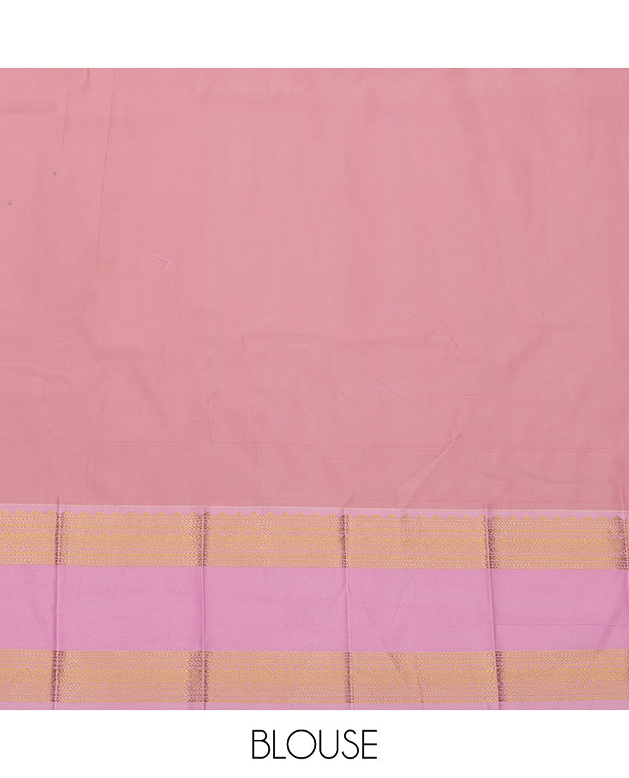 Green Budget Silk Saree, Bedecked with Zari Buttas and Stripes, a Contrast Traditional Zari Rettai Pettu Border, Grand Pallu, and a Contrast Blouse
