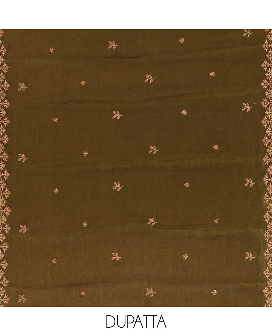 Mehendi green chudidar material set, floral design thread embroidered Burberry top, floral-themed embroidered Burberry dupatta & plain Santoon bottom