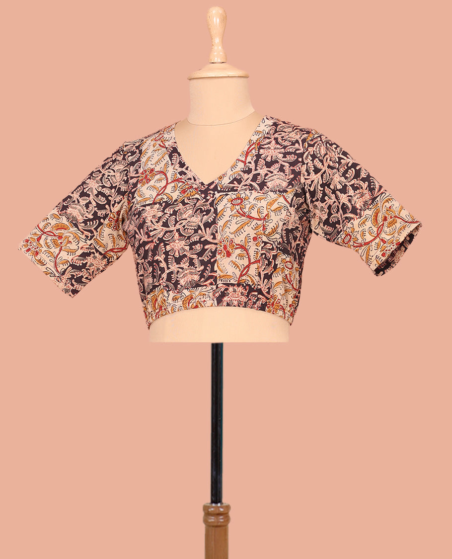 Cream Cotton Readymade Blouse Prettified with All-Over Floral Motifs Print, Front V-Neck, Back Closed Neck, and Elbow Sleeves