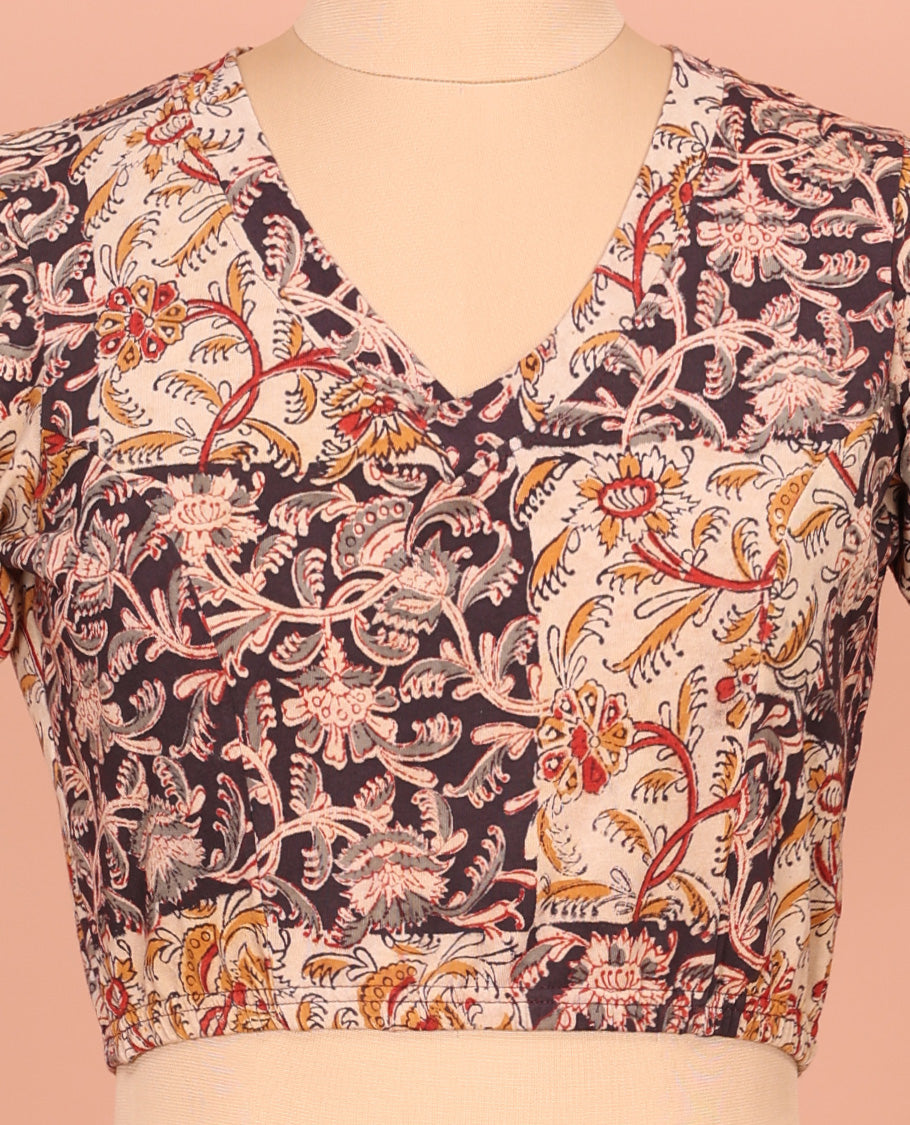 Cream Cotton Readymade Blouse Prettified with All-Over Floral Motifs Print, Front V-Neck, Back Closed Neck, and Elbow Sleeves