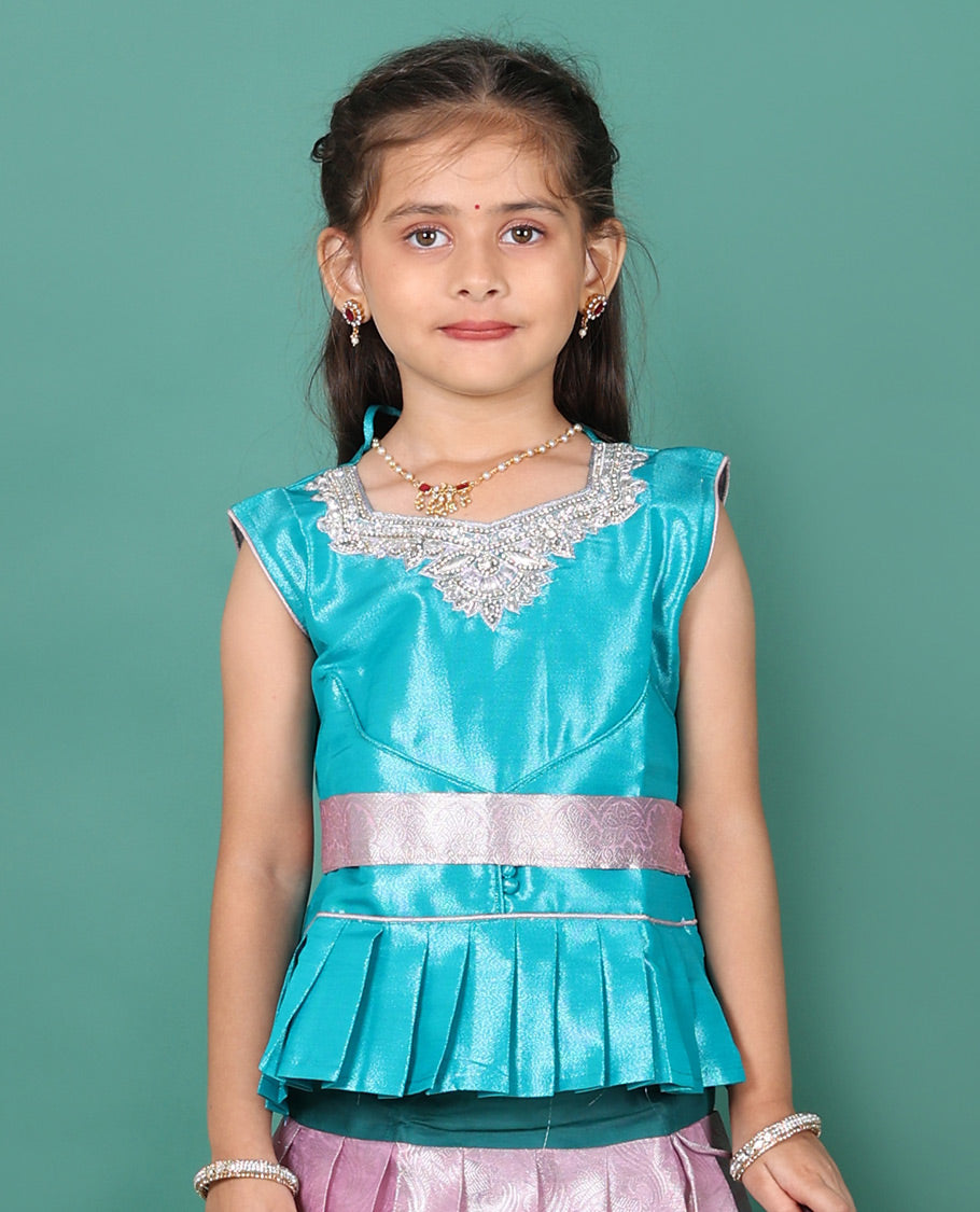 Pink readymade art silk pavadai, jacquard & traditional zari border skirt, & embroidered sleeveless round-neck blouse with contrast zari work belt