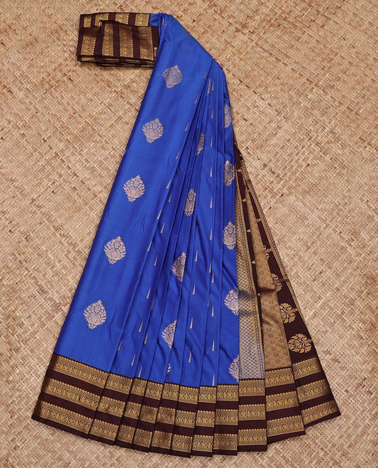 Royal Blue Budget Silk Saree, Decked Up with Zari Buttas on Its Body, Complemented by a Contrast Traditional Zari Border, Grand Jaal Pallu, and Paired with a Contrast Blouse