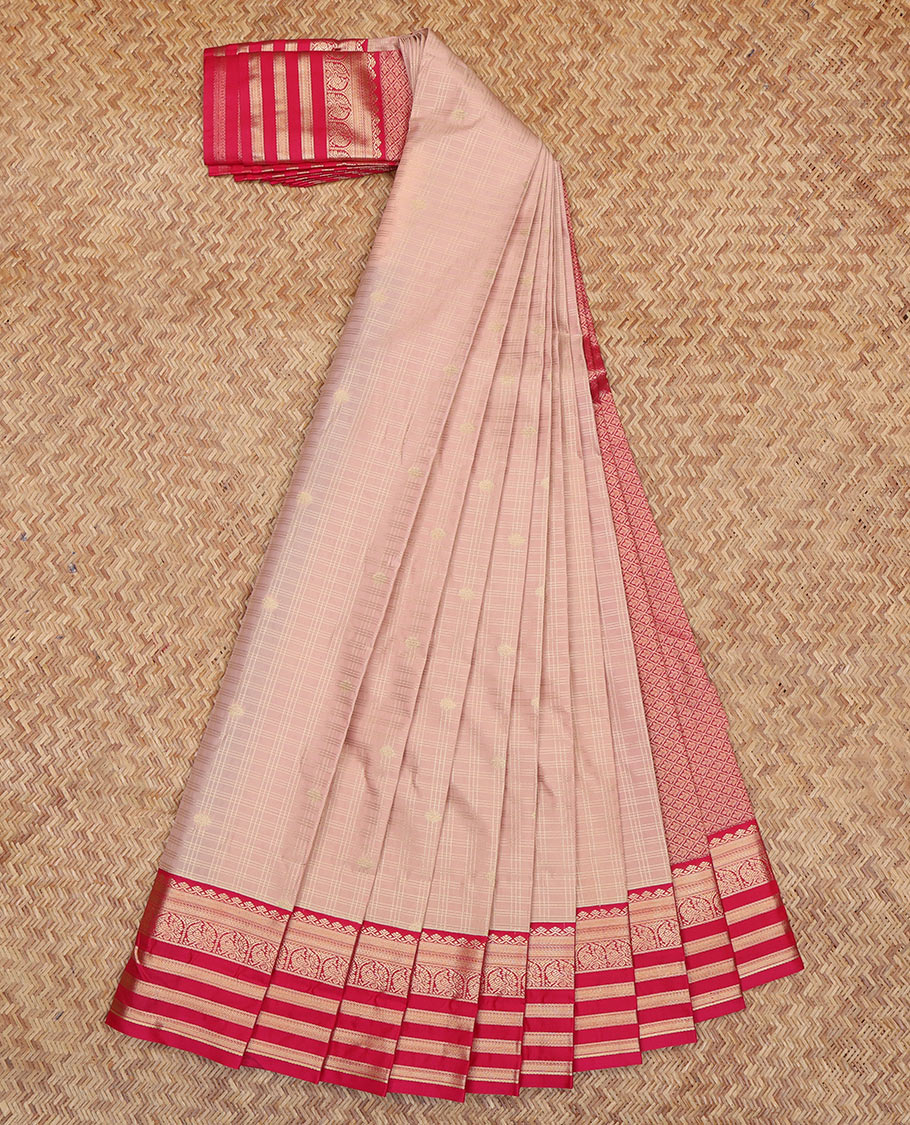 Pale Pink Budget Silk Saree, Sparsely Woven with Zari Buttas and Checks, a Contrast Traditional Zari Border, Jaal Pallu, and a Contrast Blouse