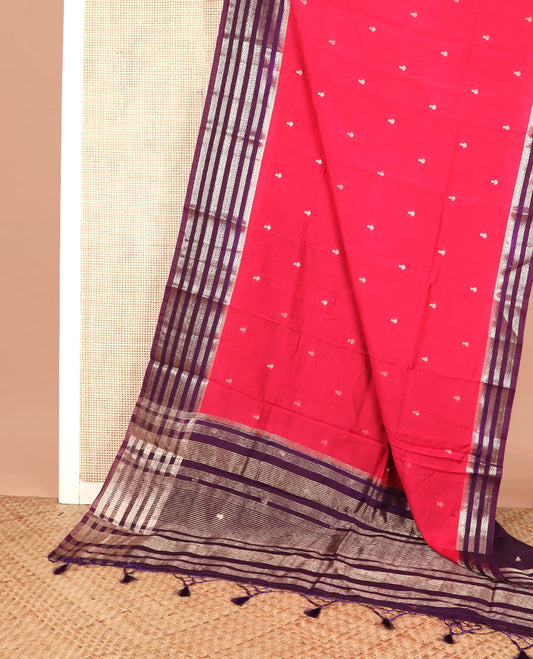 Rani pink buttas assam silk saree, contrast traditional zari border, and pallu of zari design