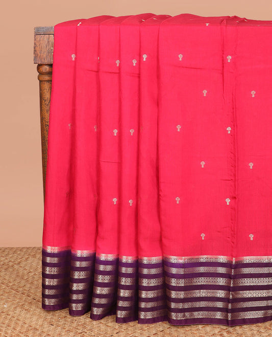 Rani pink buttas assam silk saree, contrast traditional zari border, and pallu of zari design