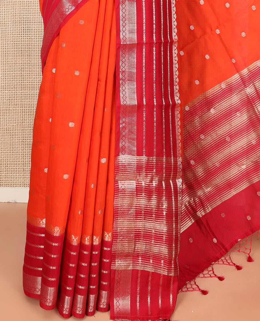 Orange Assam Silk Saree Gleamed Up with Floral Zari Buttas, Complemented by a Contrast Traditional Zari Border, a Captivating Pallu of Zari Designs, and Paired with a Contrast Blouse