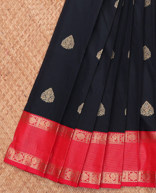 Black Budget Silk Saree, Crafted with Buttas, Complemented by a Contrast Traditional Zari Border, Grand Pallu, and a Contrast Blouse