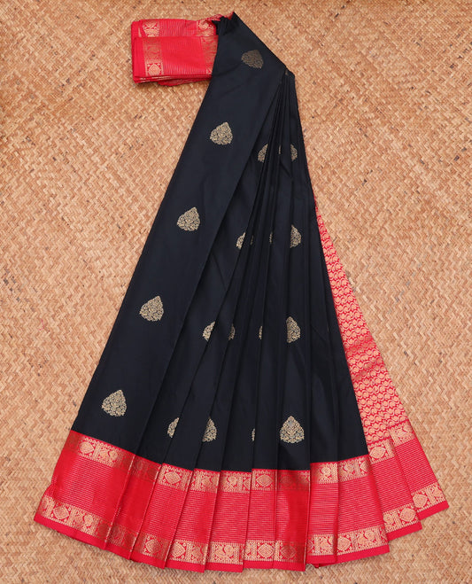 Black Budget Silk Saree, Crafted with Buttas, Complemented by a Contrast Traditional Zari Border, Grand Pallu, and a Contrast Blouse