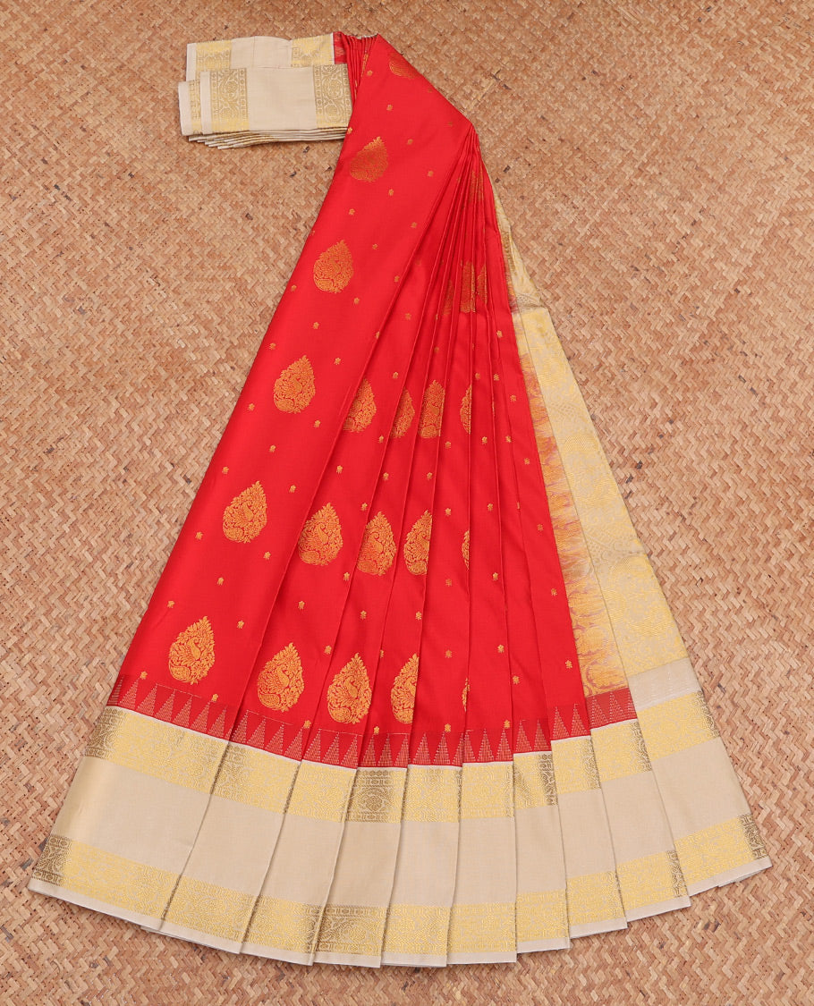 Orange Budget Silk Saree, Delicately Woven with Zari Buttas, Complemented by a Contrast Traditional Zari Rettai Pettu Border, Grand Pallu, and Contrast Blouse