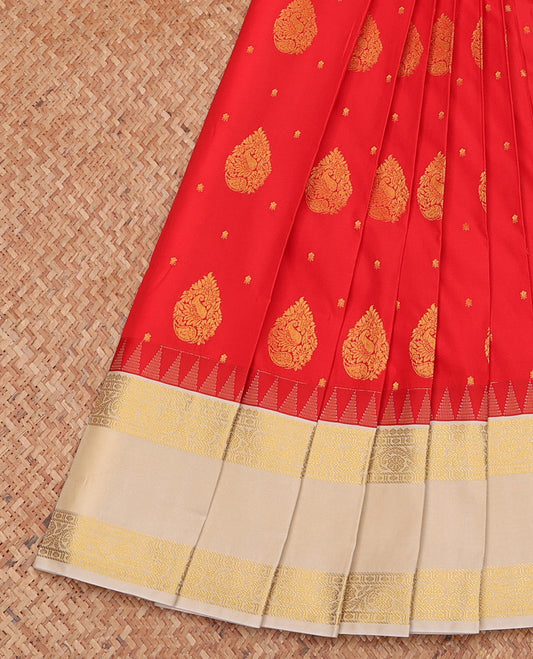 Orange Budget Silk Saree, Delicately Woven with Zari Buttas, Complemented by a Contrast Traditional Zari Rettai Pettu Border, Grand Pallu, and Contrast Blouse