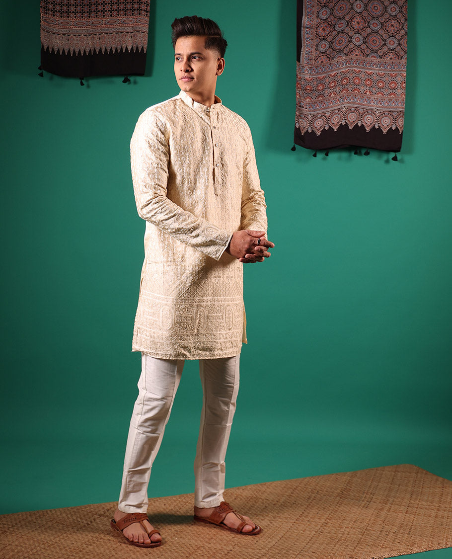 Cream Mughal style Arches thread embroidered full-sleeved men's kurta