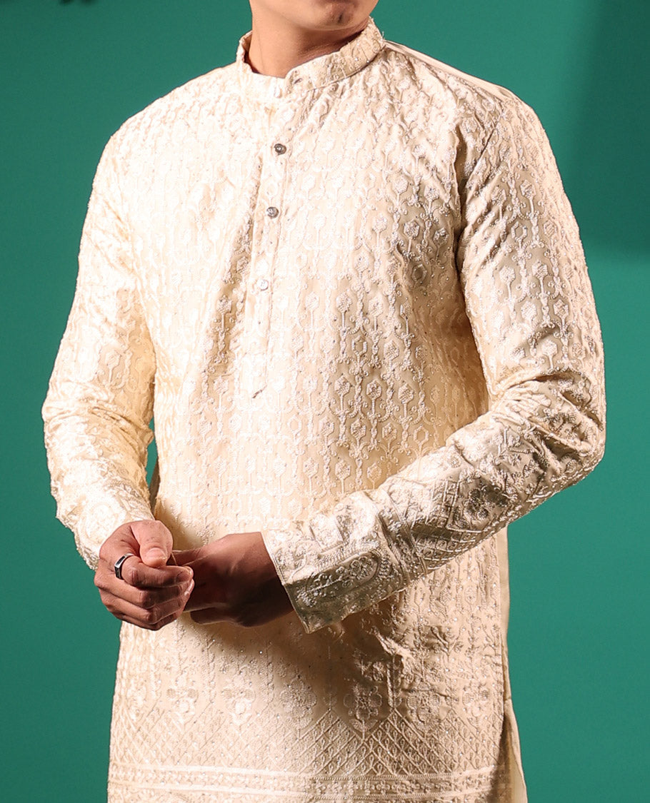 Cream Mughal style Arches thread embroidered full-sleeved men's kurta