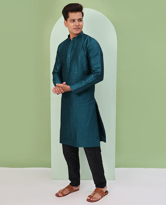 Peacock blue color argyle design sequins embroidered full-sleeve kurta set