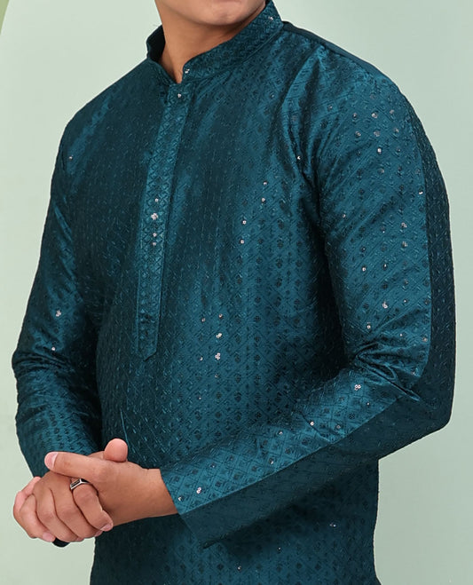 Peacock blue color argyle design sequins embroidered full-sleeve kurta set