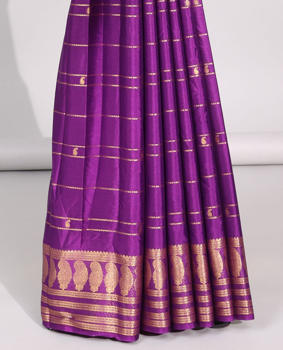 Violet striped with paisley motifs mysore silk saree , self paisley motifs border & stripes zari border