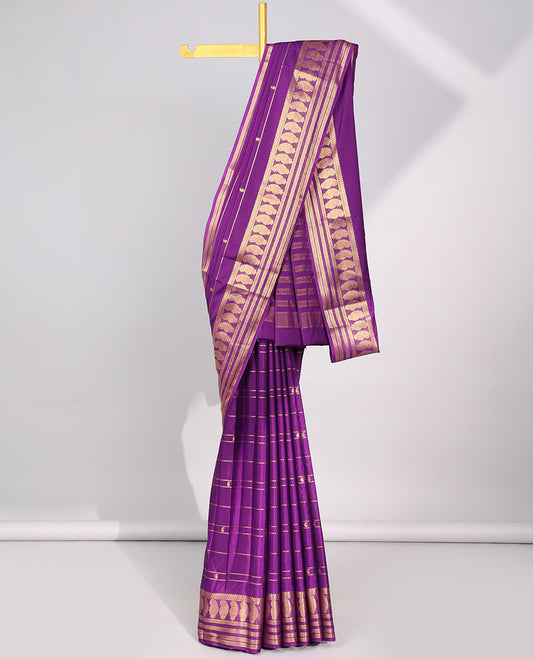 Violet striped with paisley motifs mysore silk saree , self paisley motifs border & stripes zari border