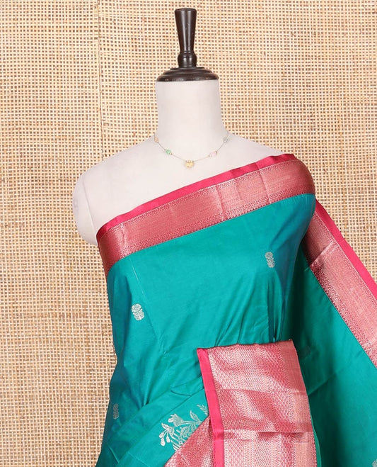 Green Budget Silk Saree, Adorned with Zari Buttas on Its Body, Complemented by a Contrast Traditional Zari Design Border, Intricately Designed Pallu, and Paired with a Contrast Blouse