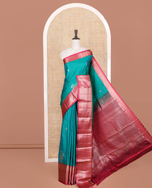 Green Budget Silk Saree, Adorned with Zari Buttas on Its Body, Complemented by a Contrast Traditional Zari Design Border, Intricately Designed Pallu, and Paired with a Contrast Blouse