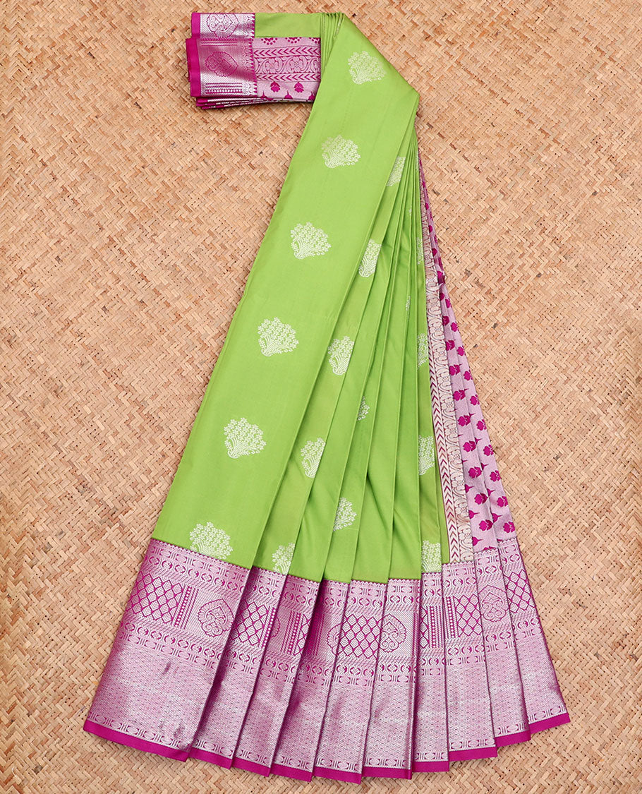 Green Budget Silk Saree, Accentuated with Floral Buttas All Over Its Body, Complemented by a Contrast Traditional Zari Design Border, Pallu Steeped with Floral Buttas, and Paired with a Contrast Blouse