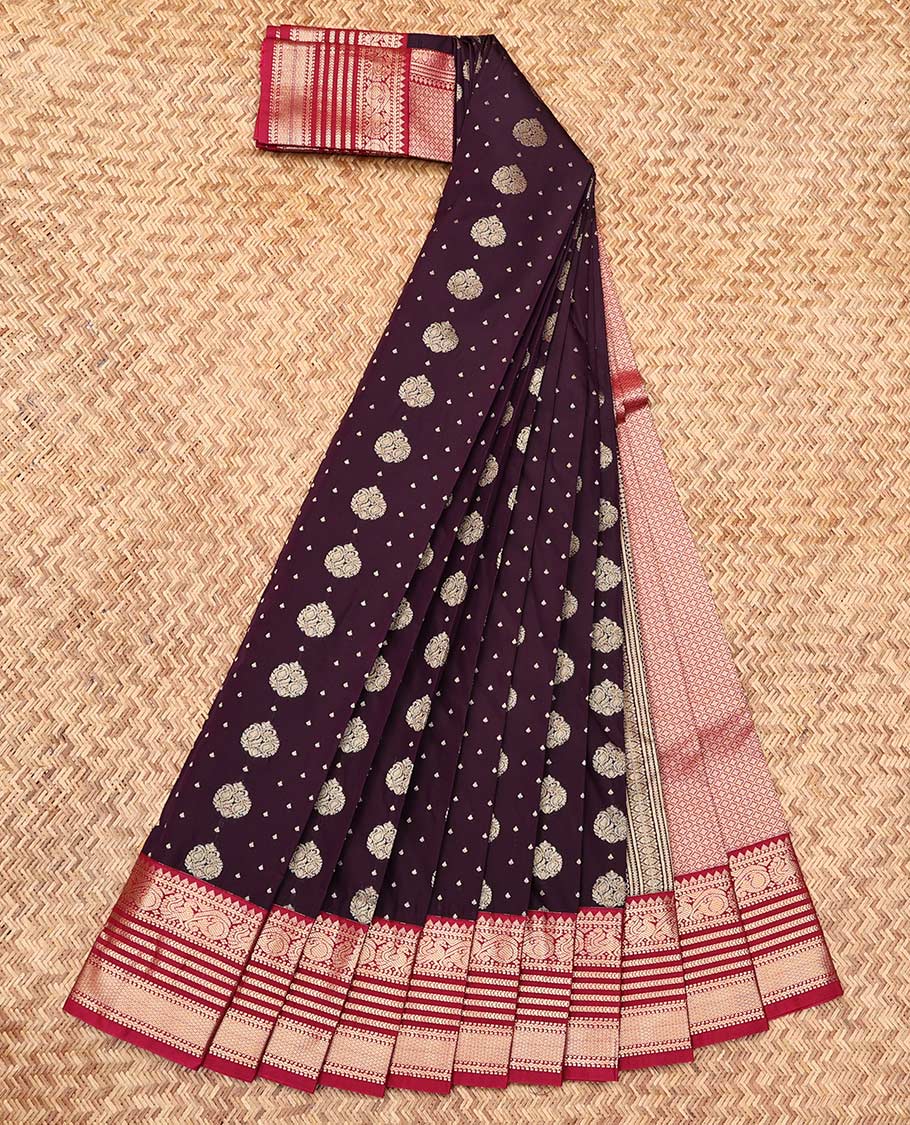 Maroon Budget Silk Saree, Embellished with Zari Buttas, Complemented by a Contrast Traditional Zari Border, Grand Pallu, and a Contrast Blouse