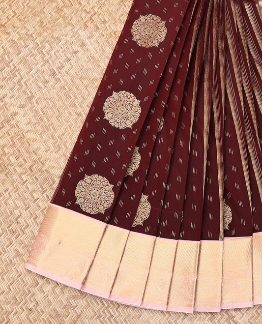 Maroon Budget Silk Saree, Bedecked with Zari Buttas, Contrast Traditional Zari Border, Grand Pallu, and a Contrast Blouse