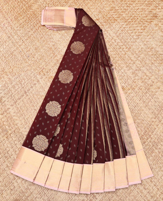 Maroon Budget Silk Saree, Bedecked with Zari Buttas, Contrast Traditional Zari Border, Grand Pallu, and a Contrast Blouse