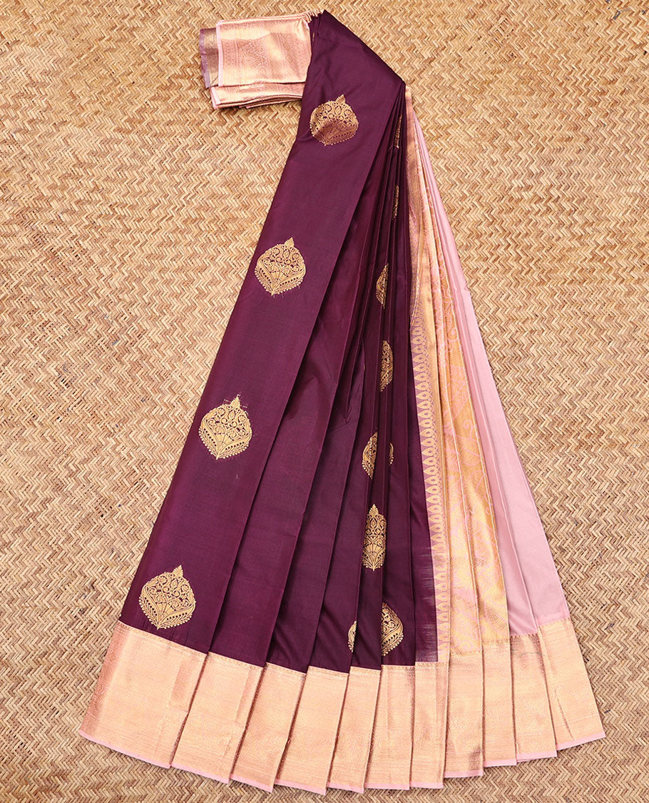 Wine Budget Silk Saree, Elevated with Zari Buttas, Complemented by Contrast Traditional Zari Border, a Grand Pallu and a Contrast Blouse