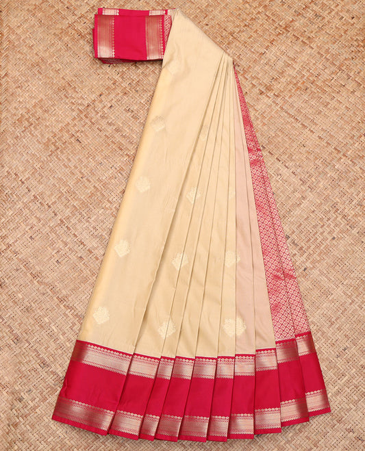 Light Sandal Budget Silk Saree, Sparsely Woven with Zari Buttas All Over Its Body, Complemented by a Contrast Traditional Zari Design Rettai Pettu Border, a Grand Pallu of Jaal Design, and Paired with a Contrast Blouse