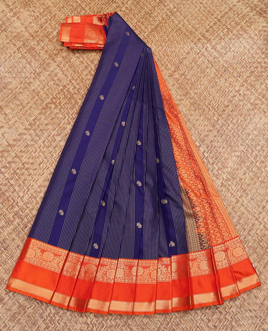 Navy Blue Budget Silk Saree, Finely Crafted with Zari Buttas and Stripes on Its Body, Complemented by a Contrast Traditional Zari Design Rettai Pettu Border, Intricately Designed Pallu, and Paired with a Contrast Blouse