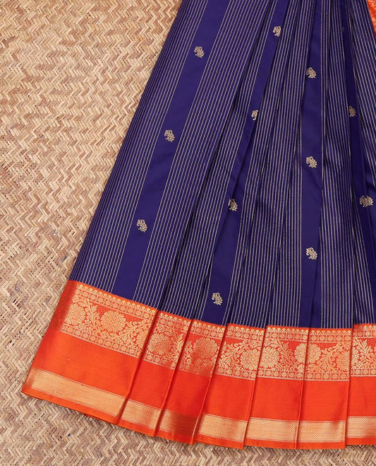 Navy Blue Budget Silk Saree, Finely Crafted with Zari Buttas and Stripes on Its Body, Complemented by a Contrast Traditional Zari Design Rettai Pettu Border, Intricately Designed Pallu, and Paired with a Contrast Blouse
