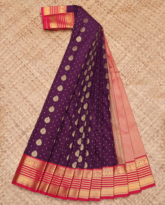 Purple Budget Silk Saree, Graced with Zari Buttas on Its Body, Complemented by a Contrast Traditional Zari Border, Grand Pallu, and Paired with a Contrast Blouse