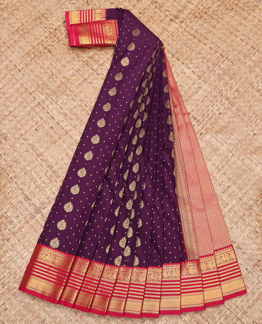 Purple Budget Silk Saree, Graced with Zari Buttas on Its Body, Complemented by a Contrast Traditional Zari Border, Grand Pallu, and Paired with a Contrast Blouse