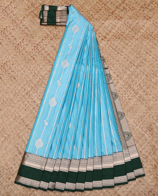 Blue Budget Silk Saree, Decked Up with Zari Designs All Over Its Body, Complemented by a Contrast Traditional Zari Design Rettai Pettu Border, Intricate Pallu, and Paired with a Contrast Blouse