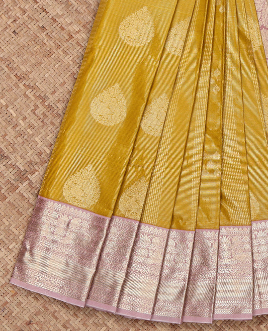 Yellow Budget Silk Saree, Subtly Sparkled with Zari Buttas and Stripes on Its Body, Complemented by a Contrast Traditional Zari Design Border, Paisley Design Pallu, and Paired with a Contrast Blouse