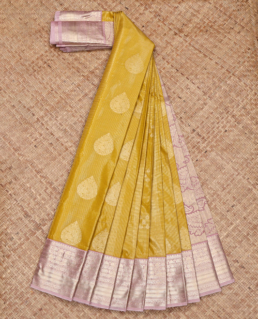 Yellow Budget Silk Saree, Subtly Sparkled with Zari Buttas and Stripes on Its Body, Complemented by a Contrast Traditional Zari Design Border, Paisley Design Pallu, and Paired with a Contrast Blouse