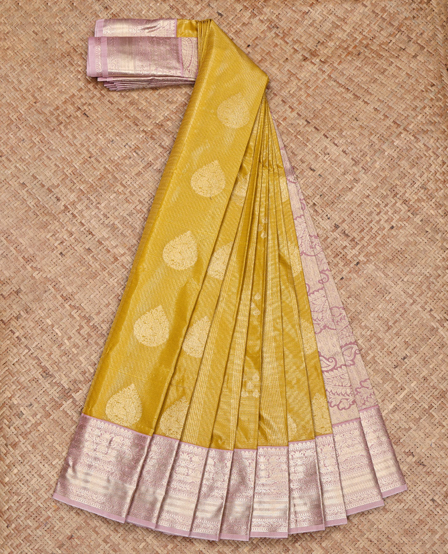 Yellow Budget Silk Saree, Subtly Sparkled with Zari Buttas and Stripes on Its Body, Complemented by a Contrast Traditional Zari Design Border, Paisley Design Pallu, and Paired with a Contrast Blouse