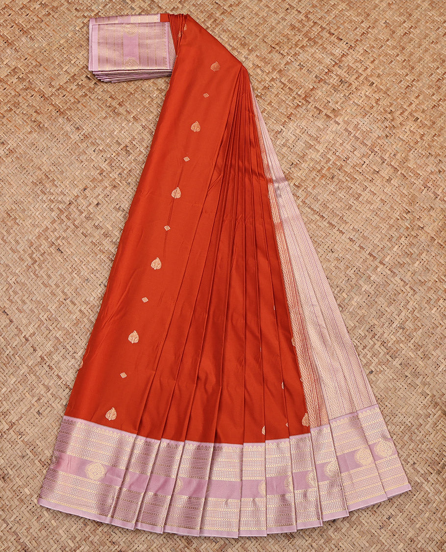 Rust Budget Silk Saree, Woven with Zari Buttas, Complemented by Contrast Traditional Design Zari Border, Grand Pallu and a Contrast Blouse