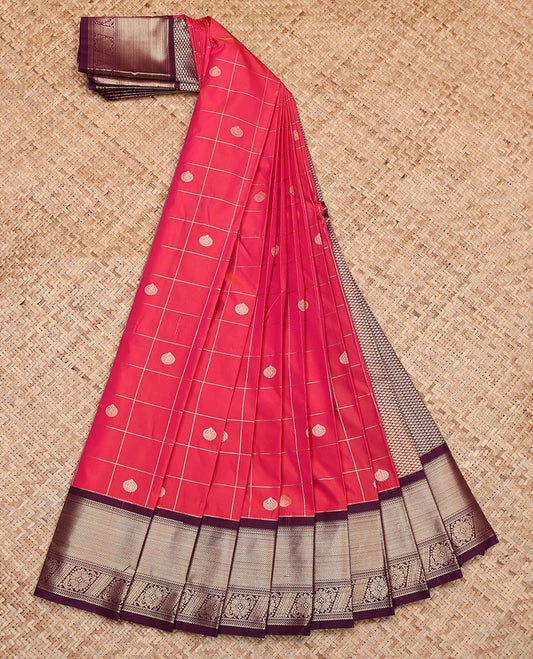 Pink Budget Silk Saree, Featuring Zari Butta Enclosed Checks, Contrast Traditional Zari Border, Grand Jaal Pallu, and a Contrast Blouse