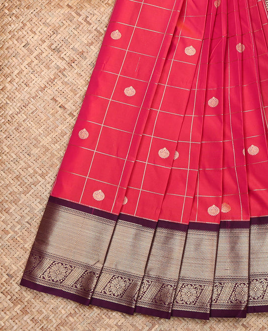 Pink Budget Silk Saree, Featuring Zari Butta Enclosed Checks, Contrast Traditional Zari Border, Grand Jaal Pallu, and a Contrast Blouse
